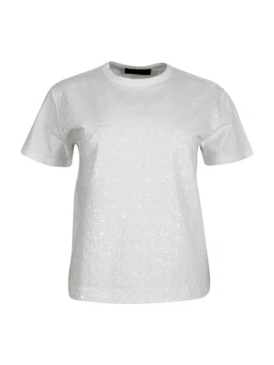 Fabiana Filippi Crew-neck, Short-sleeved T-shirt Made Of Soft Cotton Embellished With Sequin Applications That Give In White