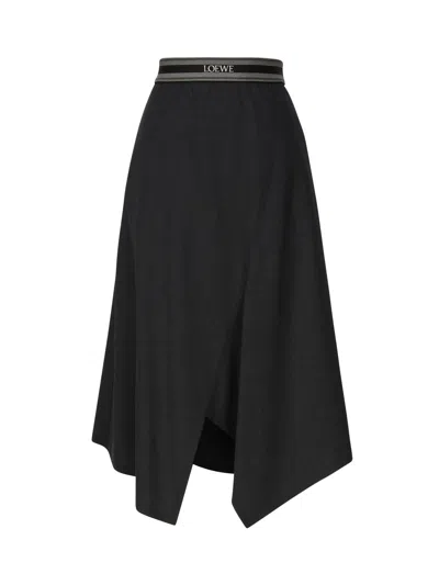 Loewe Womens Anthracite Melange Logo-embroidered Asymmetric Wool Midi Skirt