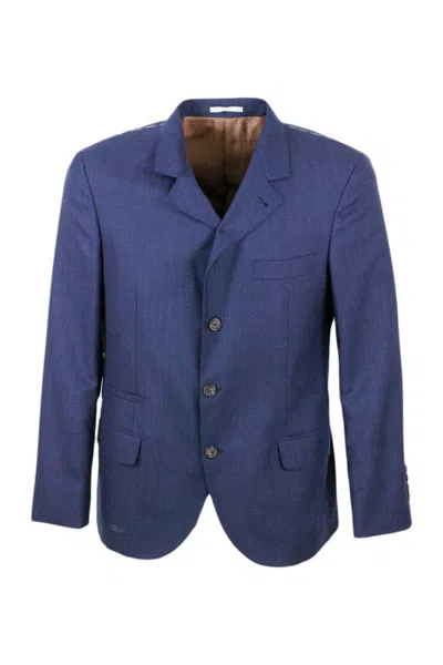 Brunello Cucinelli 3-button Unlined Jacket In Cool Wool Canvas.the Buttons Are In Brown Horn In Blu