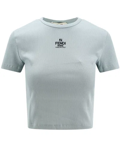 Fendi Logo Detailed Cropped T-shirt In Pale Blue