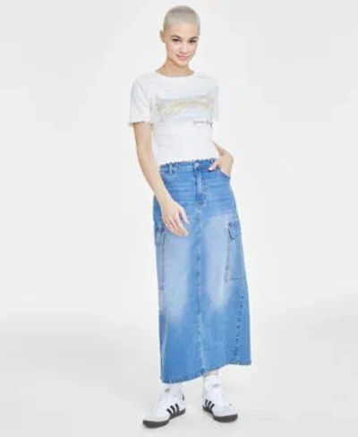 Almost Famous Tai Apparel Juniors Venice Baby Tee Denim Cargo Skirt In Medium Wash