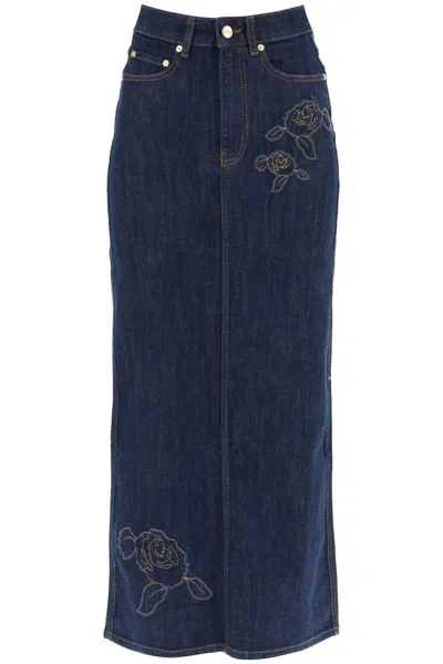 Ganni Maxi Denim Skirt With Pink Embroidery In Blue