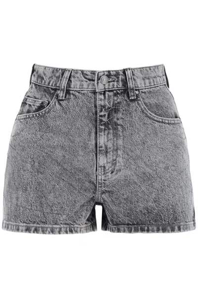 Rotate Birger Christensen Crystal Frayed Hem Denim Shorts In Grey
