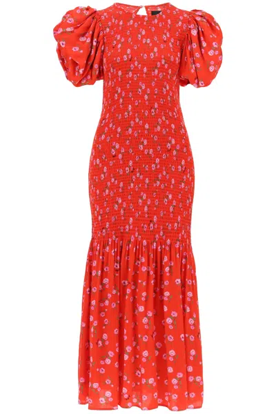 Rotate Birger Christensen Floral Printed Maxi Dress With Puffed Sleeves In Satin Fabric In Red