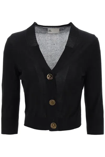 Tory Burch V-neck Cotton Cropped Cardigan In Black