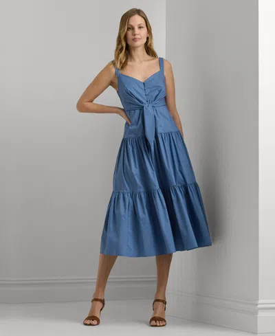 Lauren Ralph Lauren Cotton-blend Tie-front Tiered Dress In Pale Azure