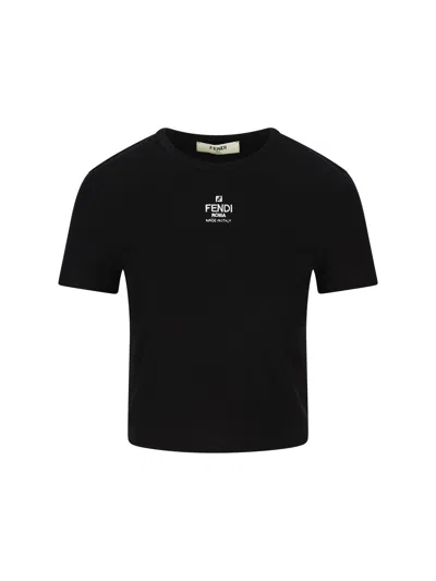 Fendi Logo Embroidered Crewneck Cropped T-shirt In Black