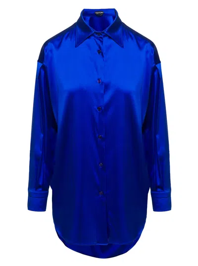 Tom Ford Blue Relaxed Shirt With Pointed Collar In Stretch Silk Woman