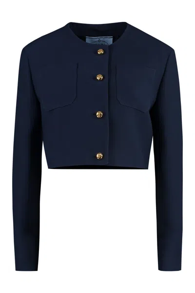 Prada Crewneck Cropped Jacket In Blue