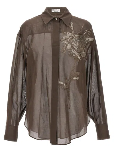 Brunello Cucinelli Embroidery Shirt In Brown