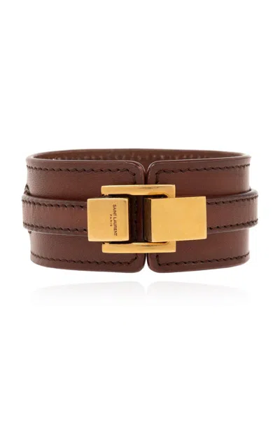 Saint Laurent Logo Engraved Bracelet In Dk Br Choco/br Choco