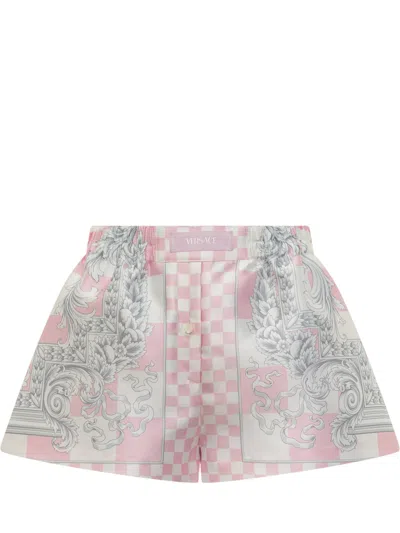 Versace Barocco Checked Shorts In Pastel Pink-bianco-silver
