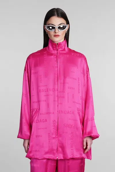 Balenciaga Logo Paris Silk Jacquard Oversized Tracksuit Jacket In Fuxia