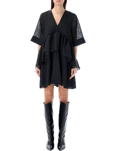 Ganni Crinkled Georgette Flounce Mini Dress In Black