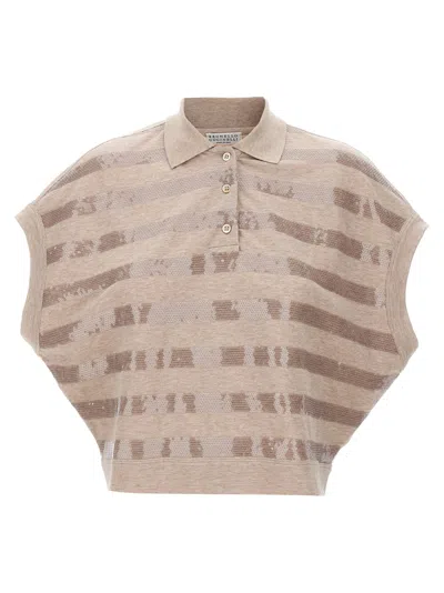 Brunello Cucinelli Sequin Striped Polo Shirt In Beis