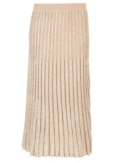 Brunello Cucinelli Pleated Midi Skirt In Lurex Knit In Beige