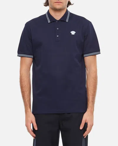 Versace Polo Piquet Fabric Medusa Pop Embroidery In Blue