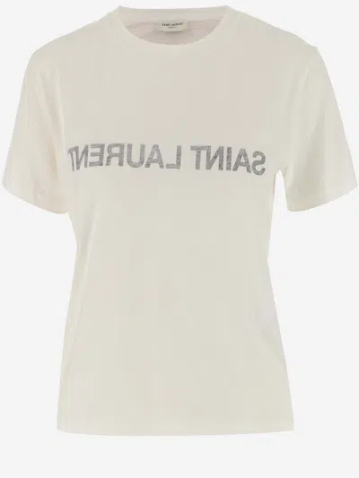 Saint Laurent Cotton T-shirt With Logo In Naturel/noir
