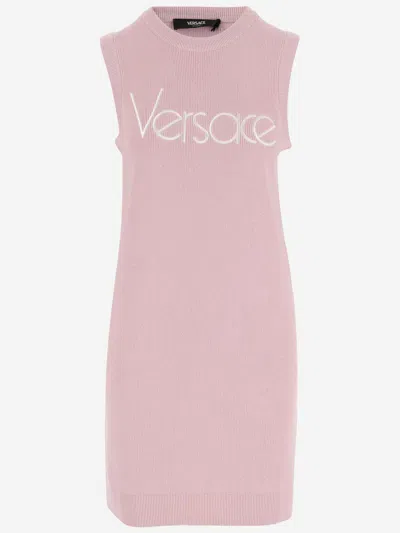 Versace Stretch Cotton Dress With Logo In Pink