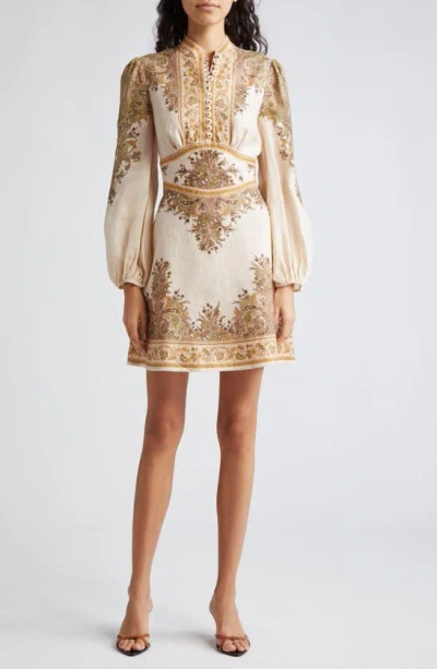 Zimmermann Natura Floral Paisley Long Sleeve Linen Mini Dress In Khaki Paisley