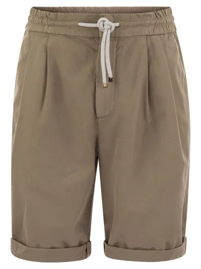 Brunello Cucinelli Bermuda Shorts In Garment Dyed Cotton Gabardine With Drawstring And Double Darts In Rope