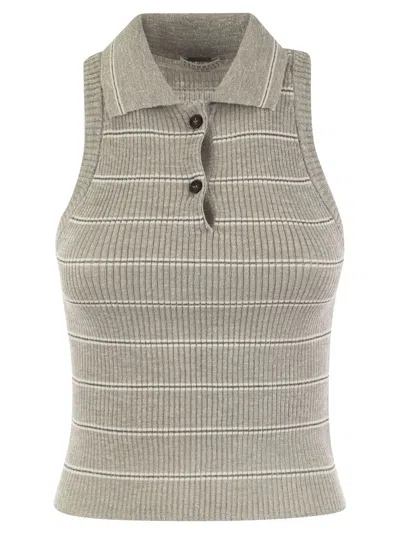 Brunello Cucinelli Sleeveless Ribbed Polo Shirt In Grey