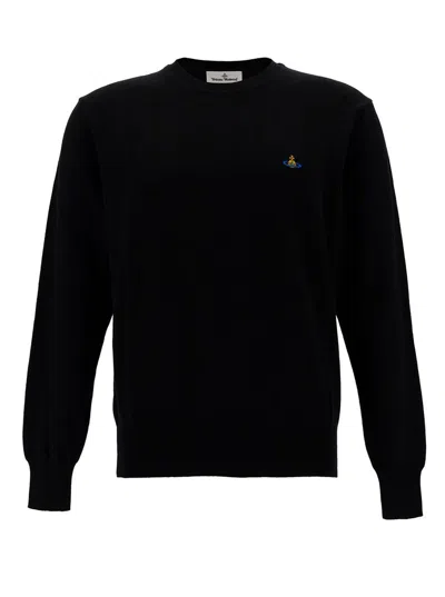 Vivienne Westwood Black Crewneck Sweater With Orb Embroidery In Cotton And Cashmere Man