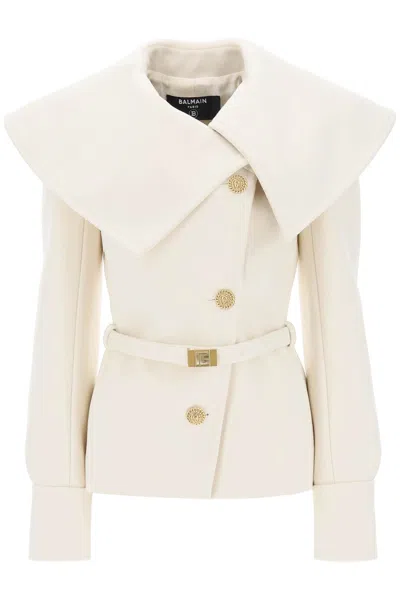 Balmain Belted Double-breasted Peacoat In Blanc (white)