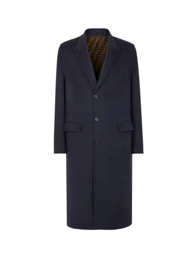 Fendi Double Wool Ff Logo Coat In Blue