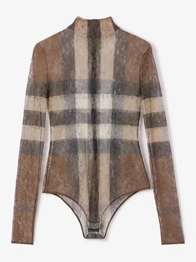 Burberry Check Bodysuit In Brown