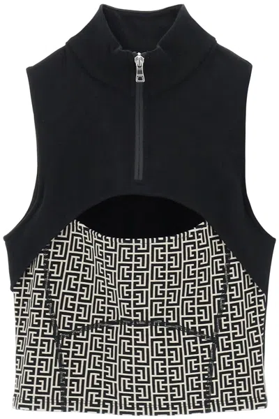 Balmain Monogram Sports Cropped Top In Glj Sable Noir