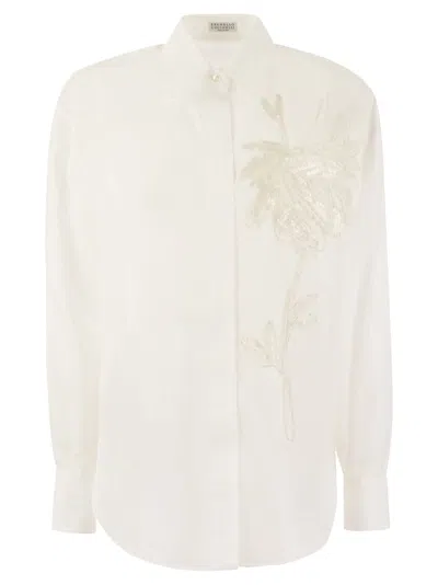 Brunello Cucinelli Cotton Organza Shirt With Dazzling Magnolia Embroidery In White