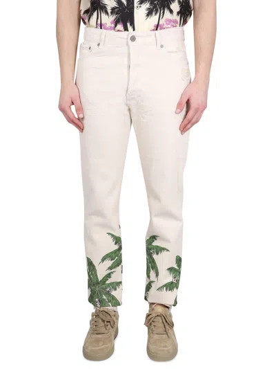Palm Angels Palm Printed Distressed Jeans In Bianco