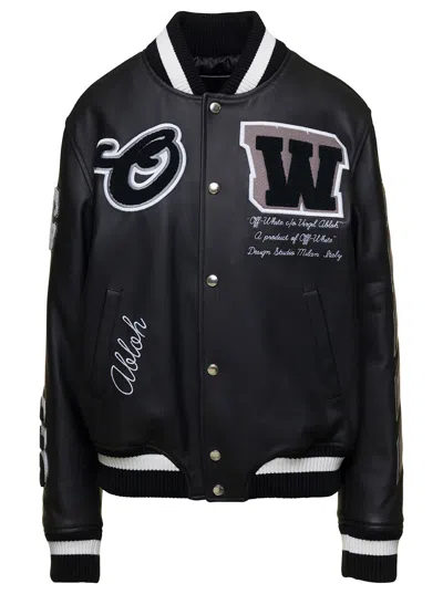 Off-white Leather Varsity Jacket In Multi-colored