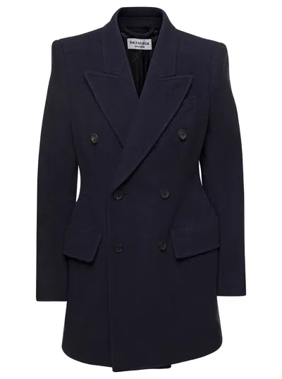 Balenciaga Hourglass Blue Double-breasted Jacket With Peaked Revers In Brushed Wool Woman
