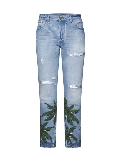 Palm Angels Palm Tree Print Jeans In Blu