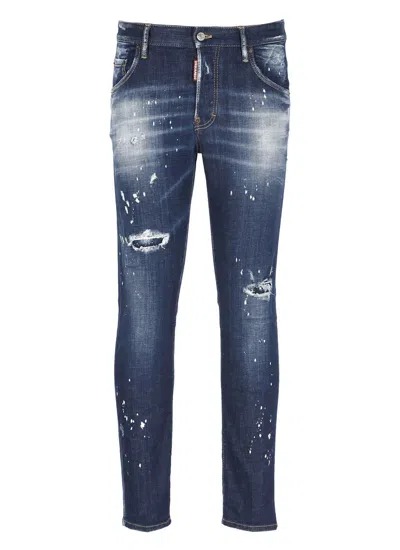 Dsquared2 Dark Ripped Wash Skater Jeans In Blue
