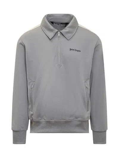 Palm Angels Grey Sweatshirt With Bands Along The Sleeves In Metallic