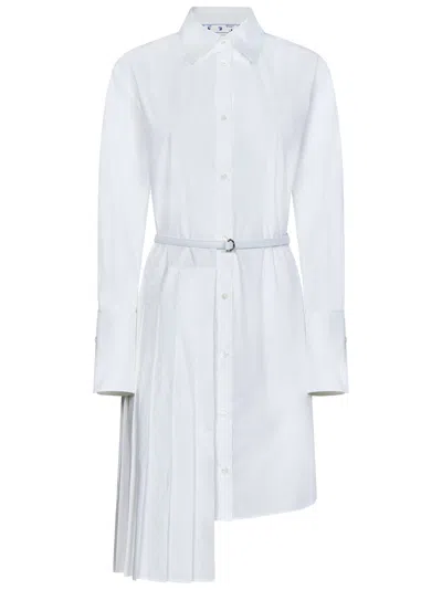 Off-white Asymmetric Pleated Long-sleeved Shirt Dress In White White