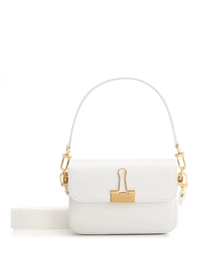 Off-white Leather Plain Binder Shoulder Bag With Golden Details In White