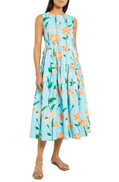 Misook Sleeveless Floral-print Cotton Midi Dress In Caribbean Mist Peach