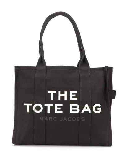Marc Jacobs 'the Large Tote' Black Tote Bag With Contrasting Logo Print In Cotton Black Woman