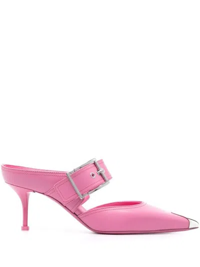 Alexander Mcqueen Punk Buckled Leather Mules In Pink