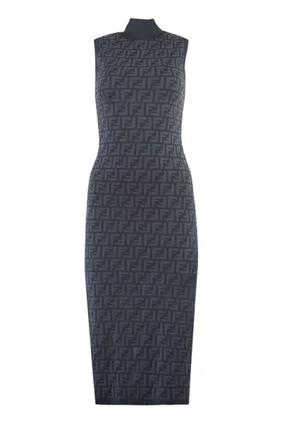 Fendi Ff-intarsia Knit Ribbed-knit Midi Dress In Grey