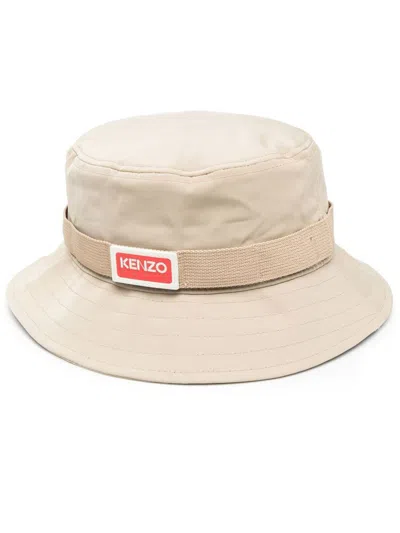 Kenzo Side Logo-patch Detail Bucket Hat In Beige