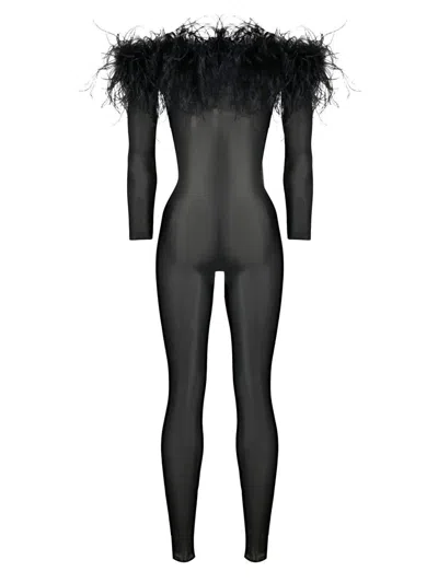 Oseree Feather-trim Stretch-jumpsuit In Black