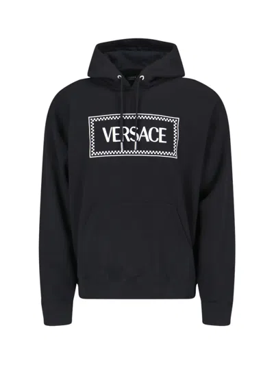 Versace Black Hoodie With Contrasting Logo Lettering Print In Cotton Man