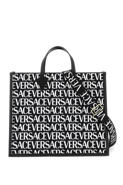 Versace Tote Bag With All-over Logo In Black