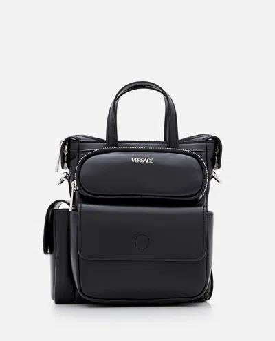 Versace Front Logo Pocket Zip Tote In Black