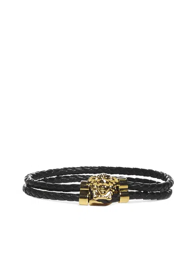 Versace La Medusa Leather Bracelet In Black
